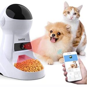 Iseebiz Automatic Pet Feeder with Camera, 3L App Control Smart Feeder Cat Dog Food Dispenser, 2-Way Audio, Voice Remind, Video Record, 6 Meals a Day for Medium Small Cats Dogs, Compatible with Alexa