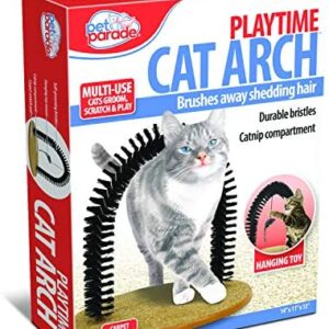 Pet Parade Self-Grooming Playtime Cat Arch - Helps Prevent Hairballs & Controls Shedding - Includes Hanging Toy, Black