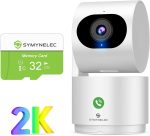 2K Indoor Security Camera with 32GB TF Card, Smart Baby Monitor/Pet Camera/Home Security Camera with One-Touch Call 360 Pan/Tilt AI Human Detection Motion Tracking 2-Way Talk Noise Reduction